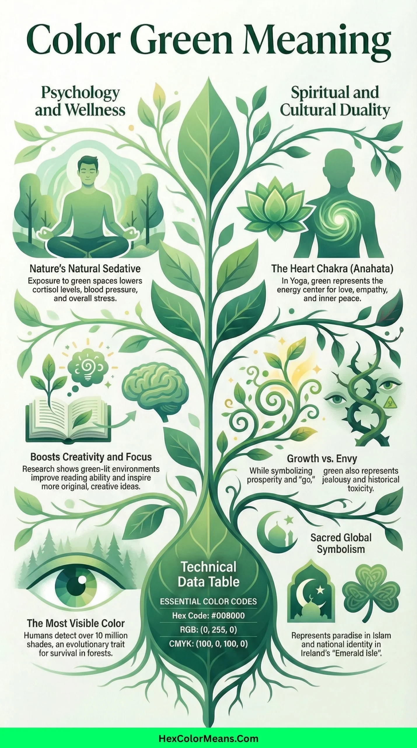 infographic showing color green meaning, codes, symbolism, psychology