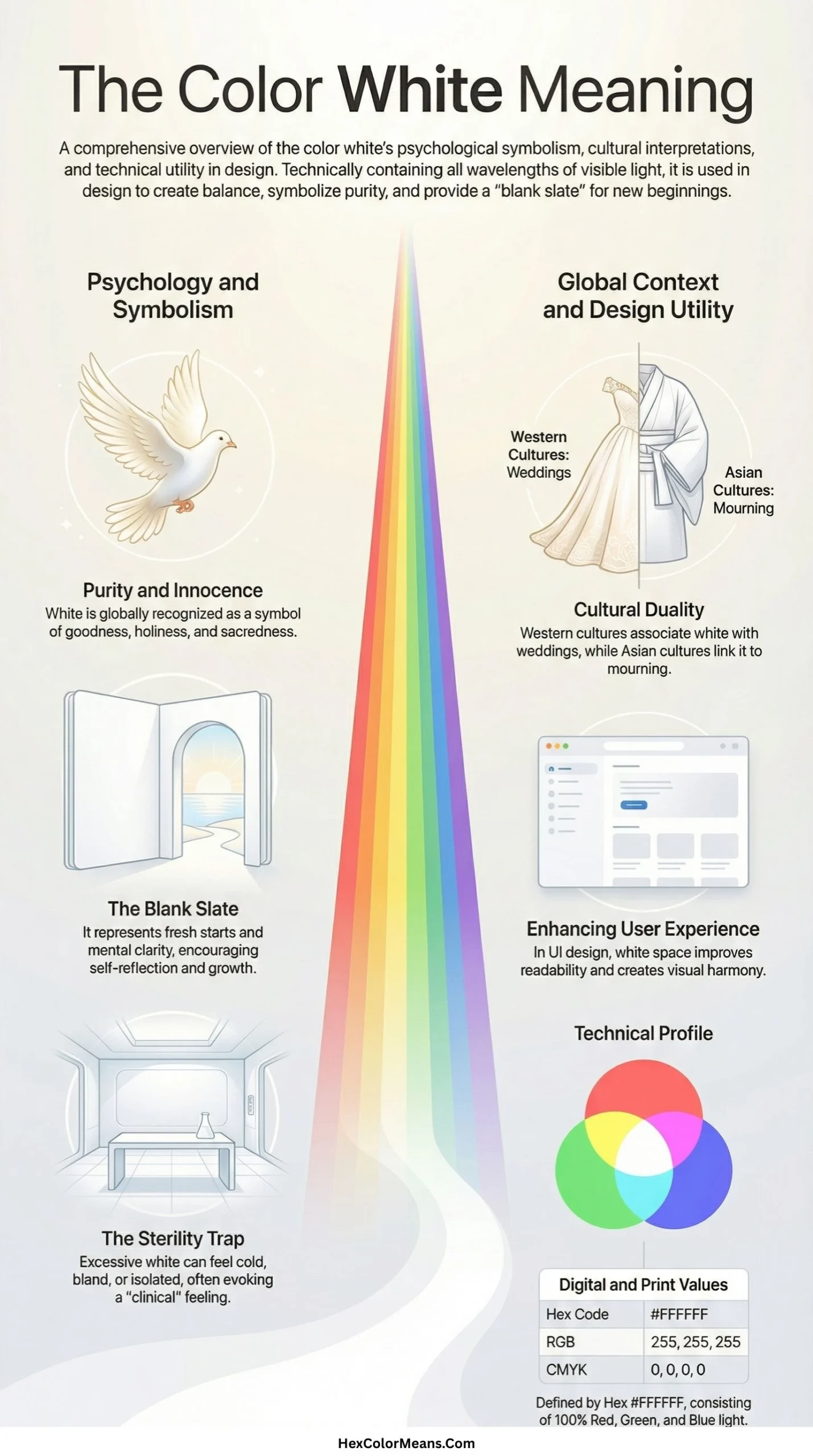 infographic showing color white meaning in different aspects, along with hex, rgb, cmyk values