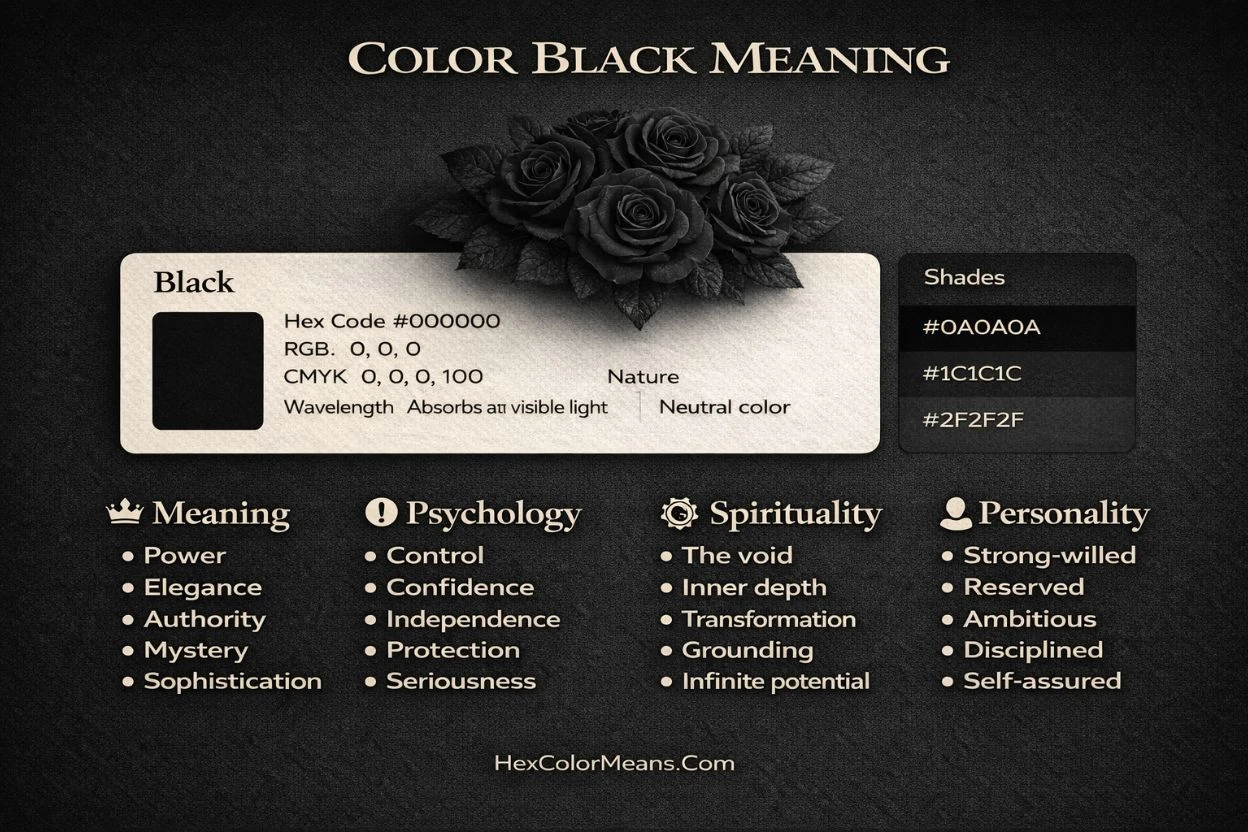 infographic showing meaning of color black in psychology, spirituality, and color codes