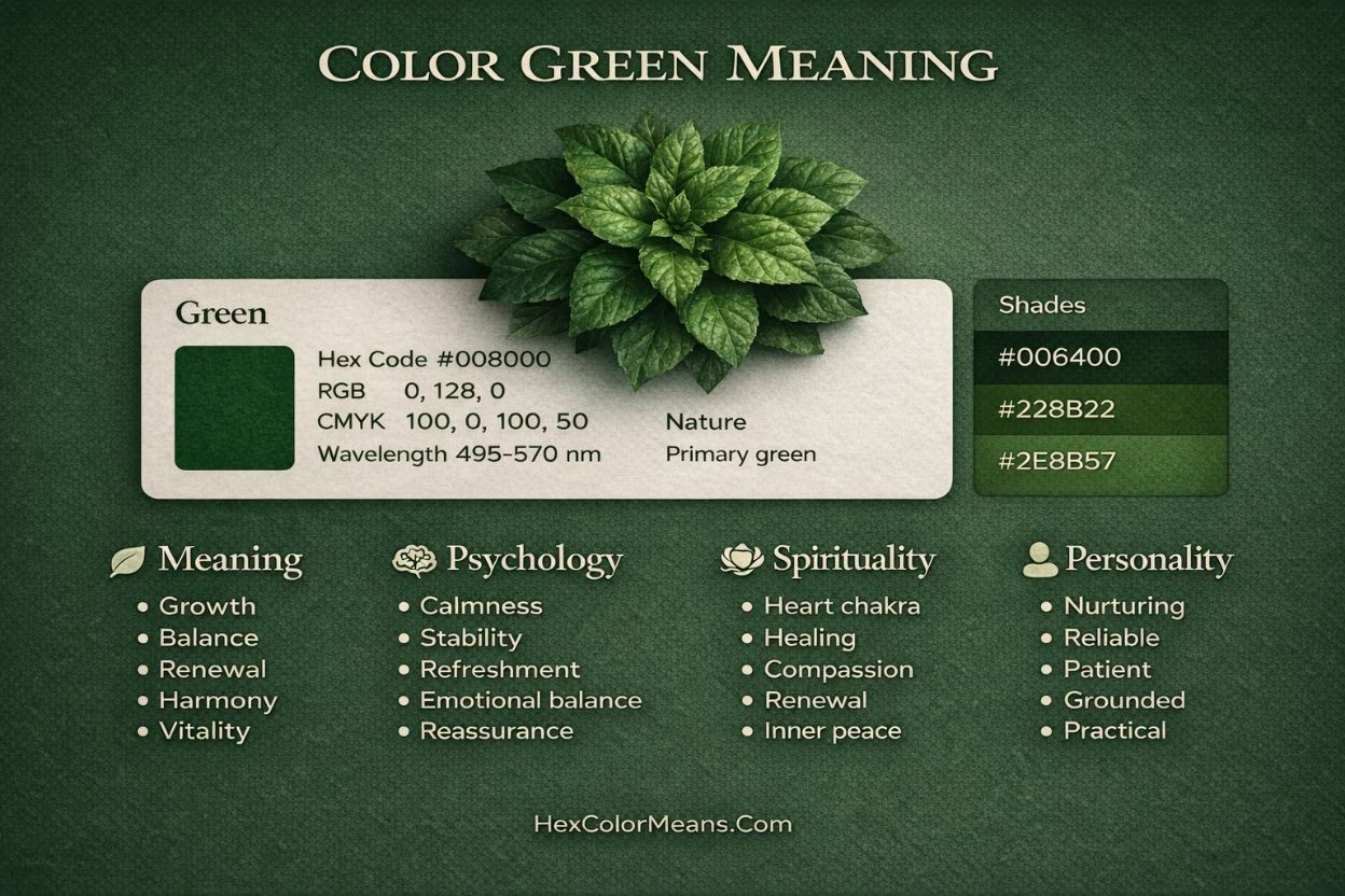 infographic showing meaning of color green in psychology, spirituality, and color codes