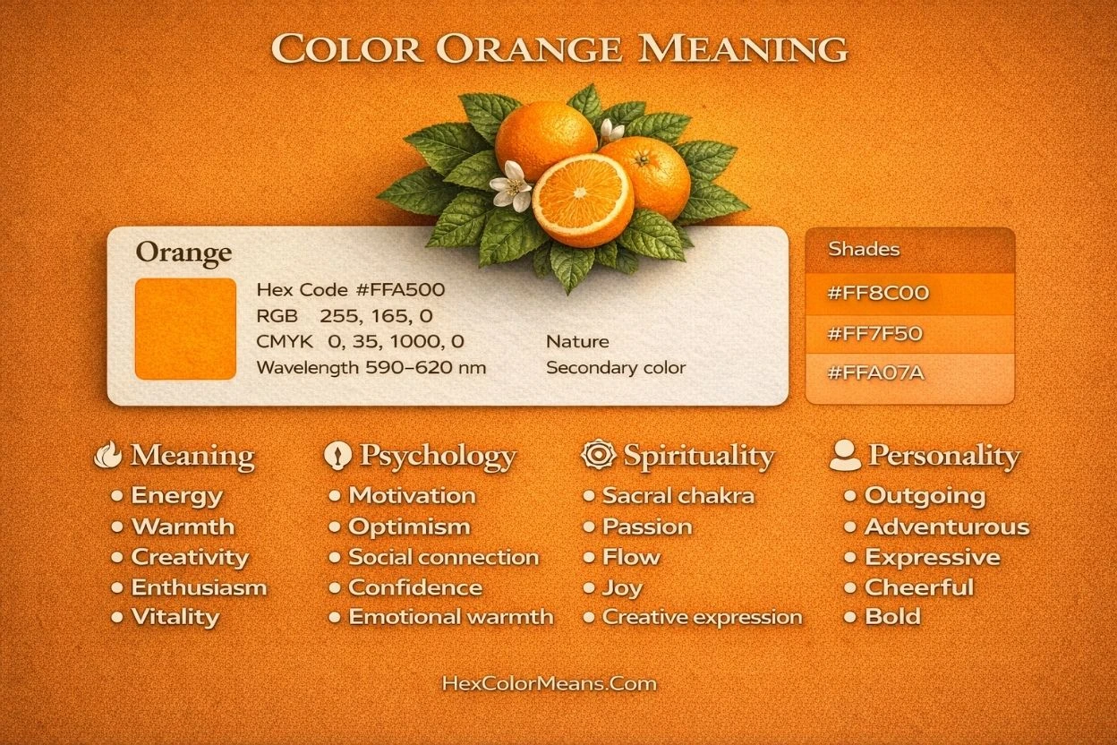 infographic showing meaning of color orange in psychology, spirituality, and color codes