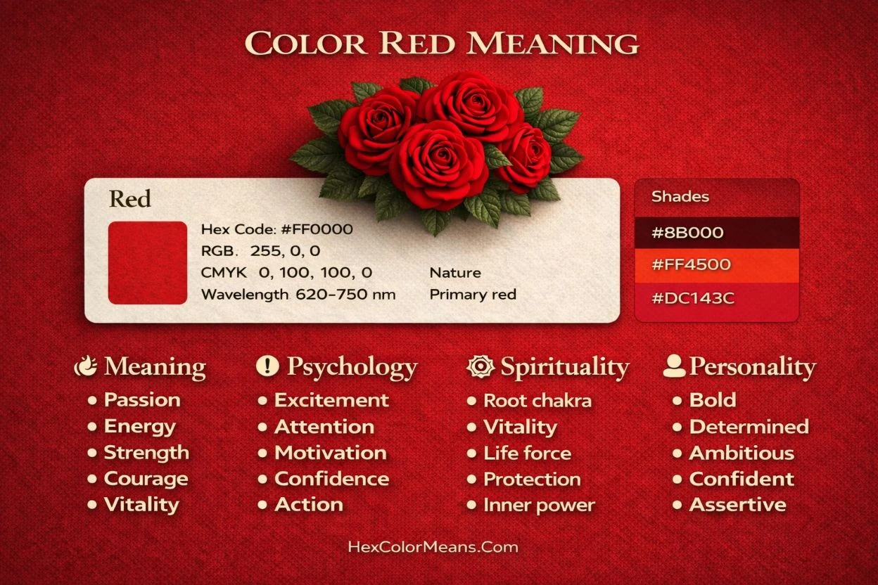 infographic showing meaning of color red in psychology, spirituality, and color codes