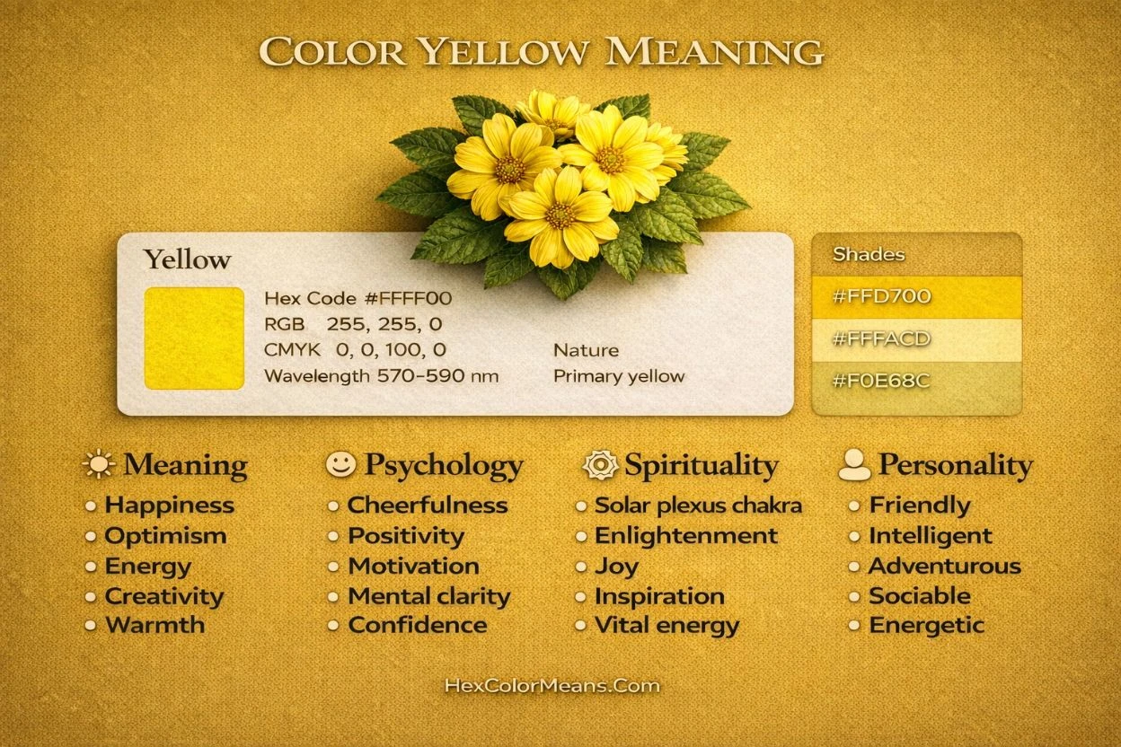 infographic showing meaning of color yellow in psychology, spirituality, and color codes