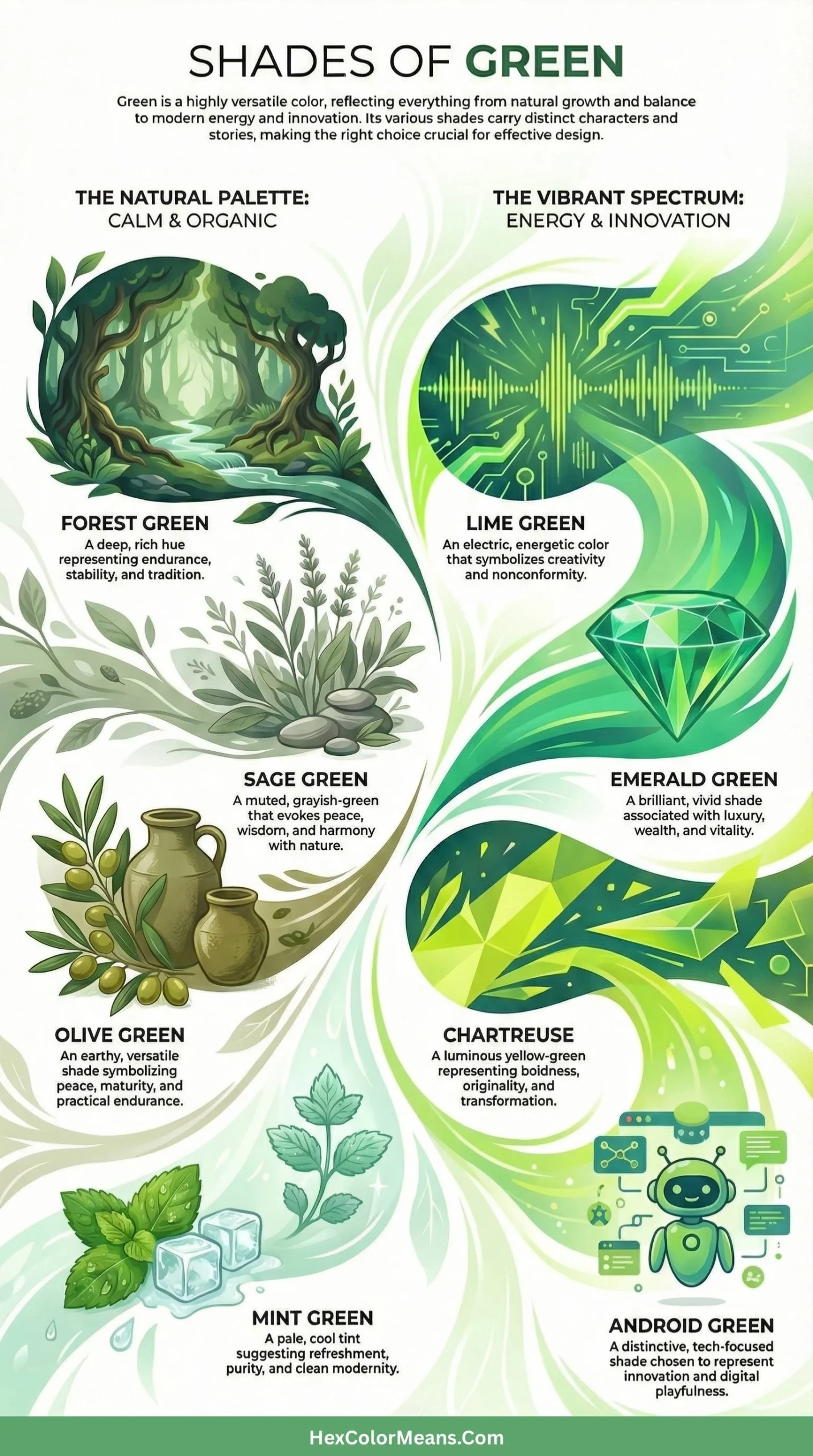 infographic showing popular shades of green color and their meanings