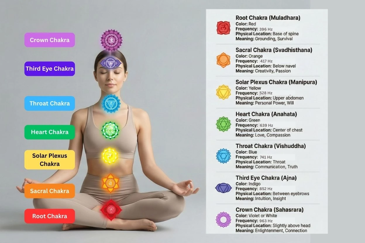 infographic showing the seven chakra colors, meanings, functions, and locations