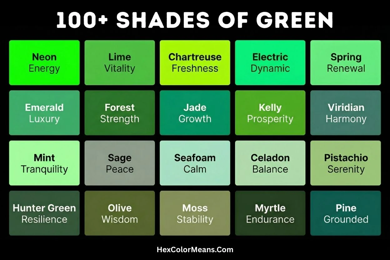 more than 100 popular shades of green color