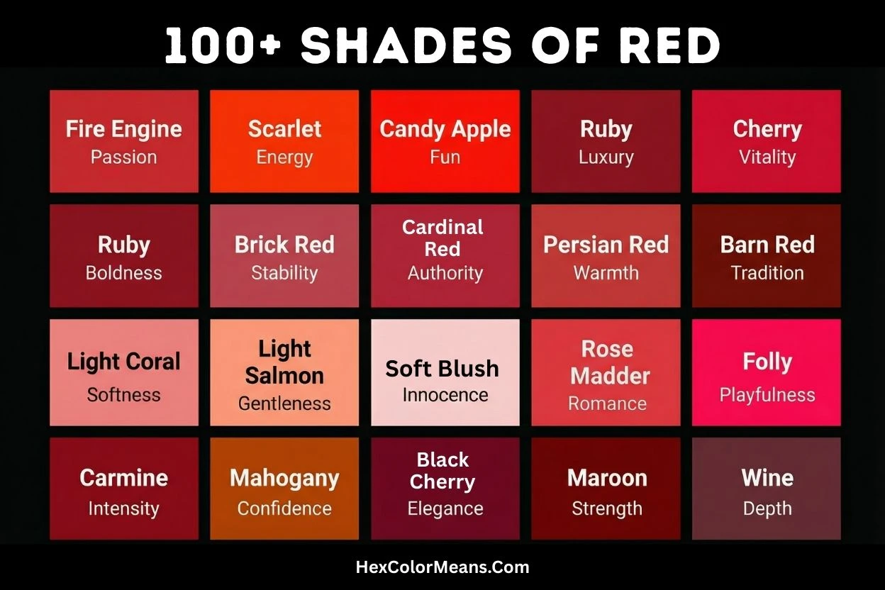 more than 100 popular shades of red color